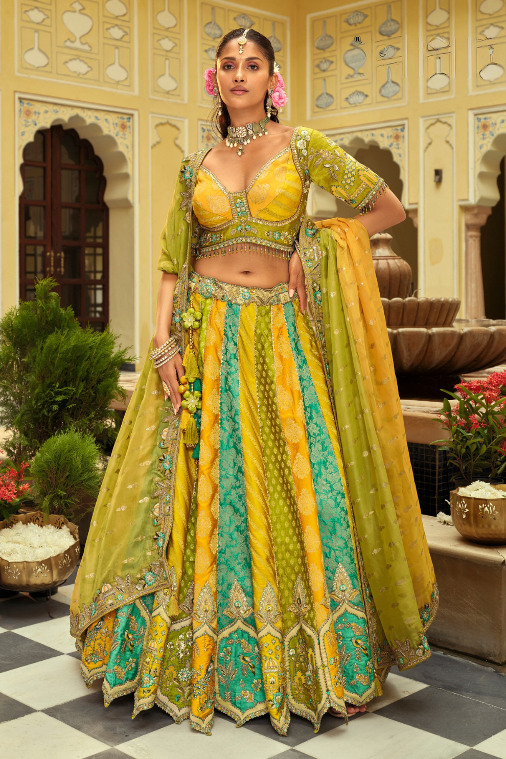 Mustard Yellow and Teal Silk Bridal Lehenga with Scalloped Cut-Work Border