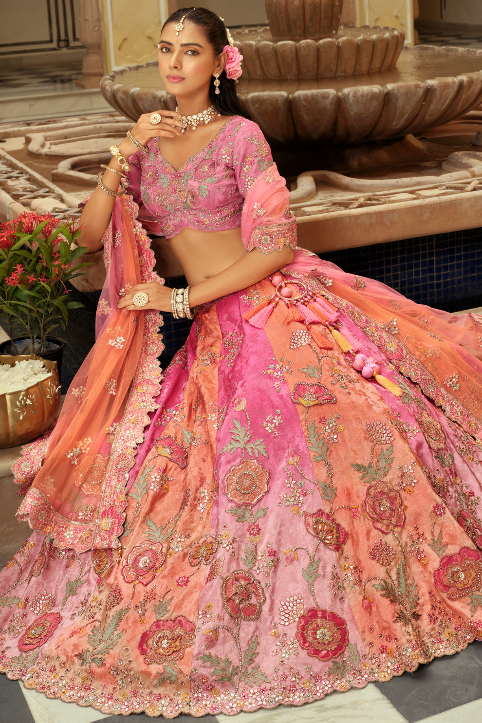 Pastel Pink and Peach Dual-Tone Silk Lehenga with Floral Thread Embroidery
