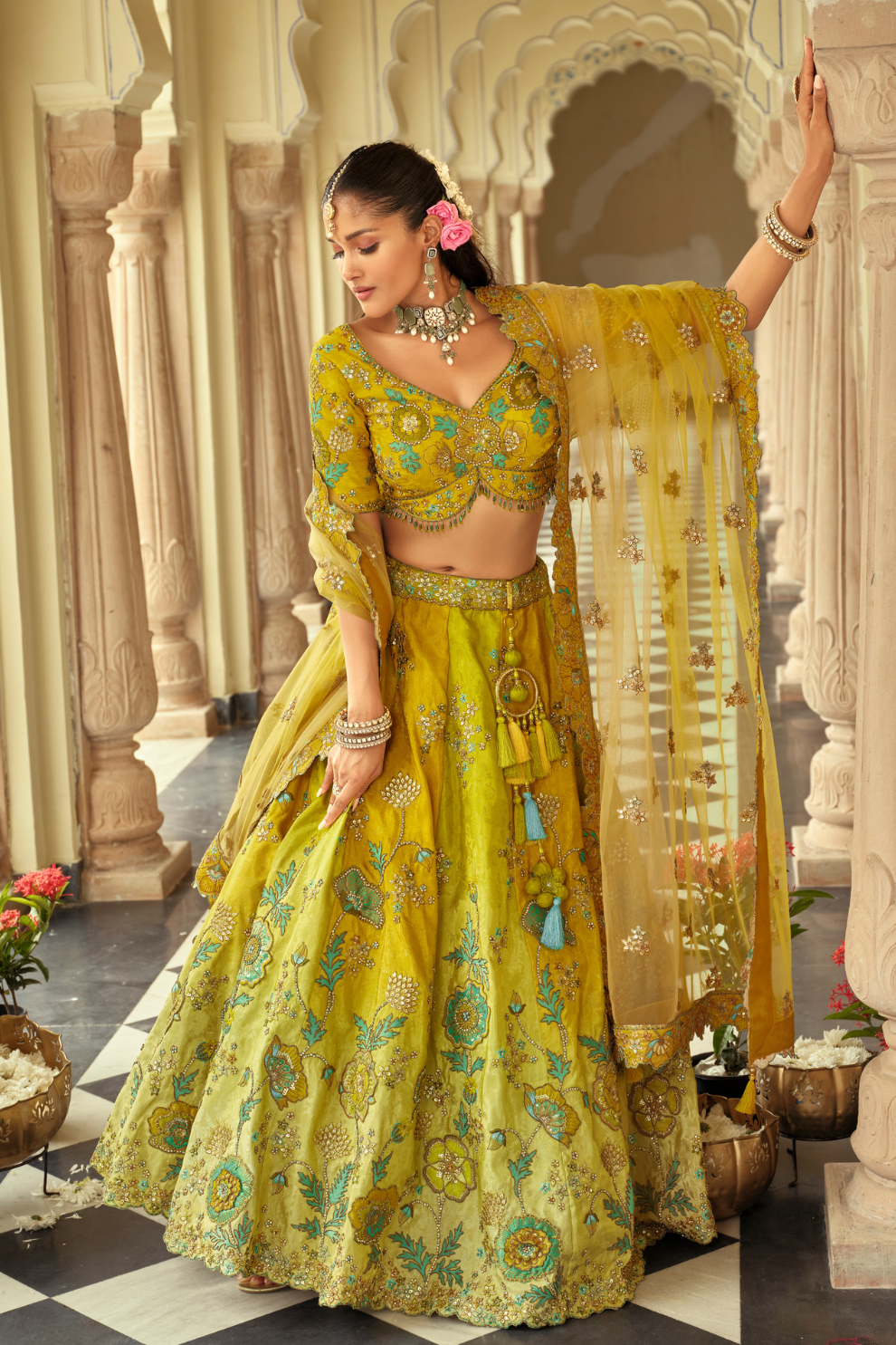 Lime Green and Lemon Yellow Shaded Silk Lehenga with Floral Embroidery