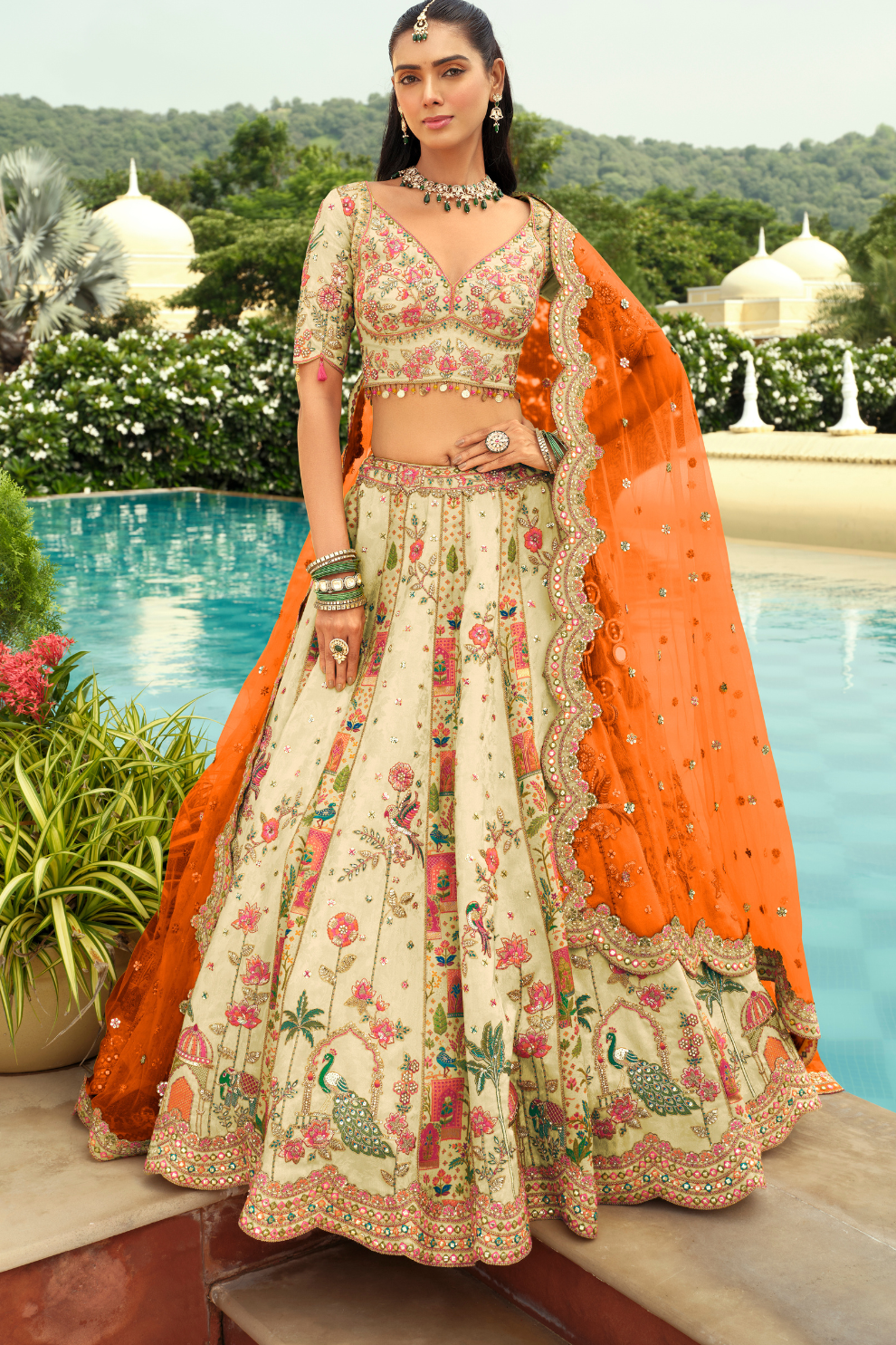 Cream & Orange Silk Peacock Embroidery Bridal Lehenga Choli