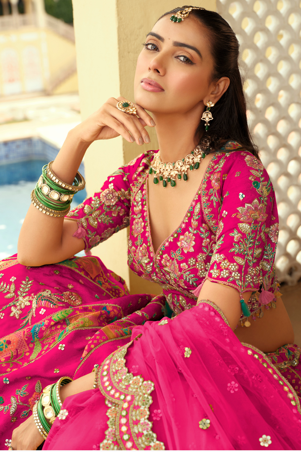 Rani Pink Silk Bridal Lehenga with Peacock Embroidery & Cut-Work Border