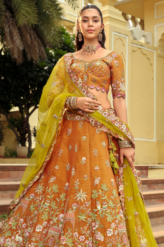 Mustard Orange Silk Bridal Lehenga with Contrast Lime Green Scalloped Dupatta