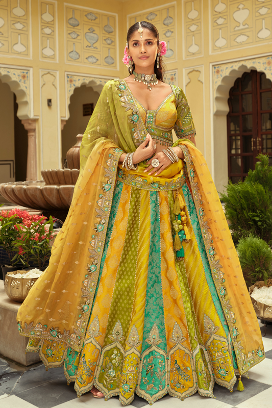 Mustard Yellow and Teal Silk Bridal Lehenga with Scalloped Cut-Work Border