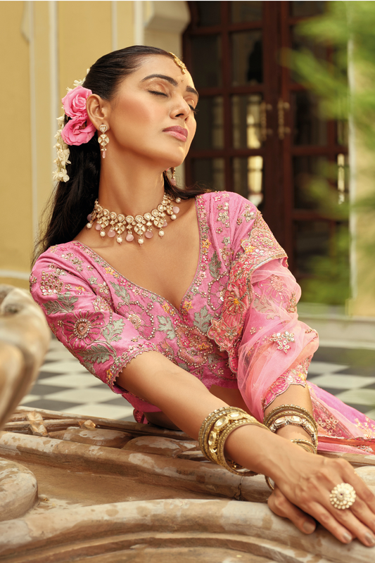 Pastel Pink and Peach Dual-Tone Silk Lehenga with Floral Thread Embroidery