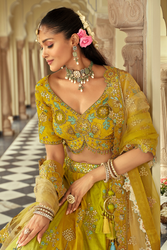 Lime Green and Lemon Yellow Shaded Silk Lehenga with Floral Embroidery