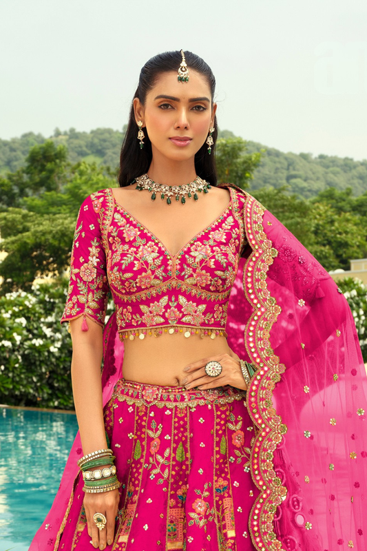 Rani Pink Silk Bridal Lehenga with Peacock Embroidery & Cut-Work Border