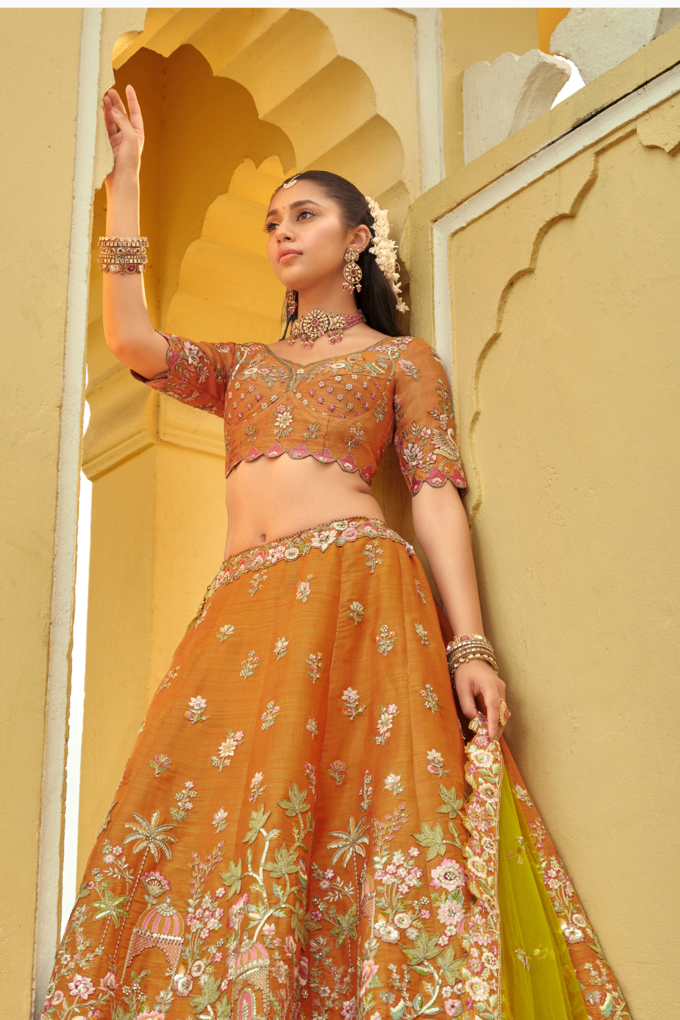 Mustard Orange Silk Bridal Lehenga with Contrast Lime Green Scalloped Dupatta
