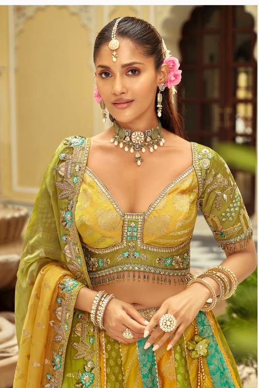 Mustard Yellow and Teal Silk Bridal Lehenga with Scalloped Cut-Work Border