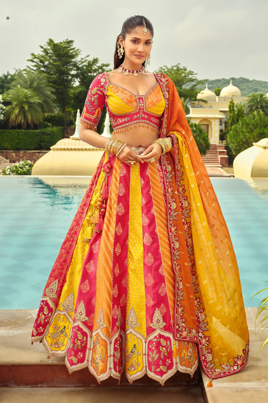 Sunset Orange and Pink Embroidered Silk Bridal Lehenga with Cut-Work Hem