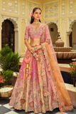 Pastel Pink and Peach Dual-Tone Silk Lehenga with Floral Thread Embroidery