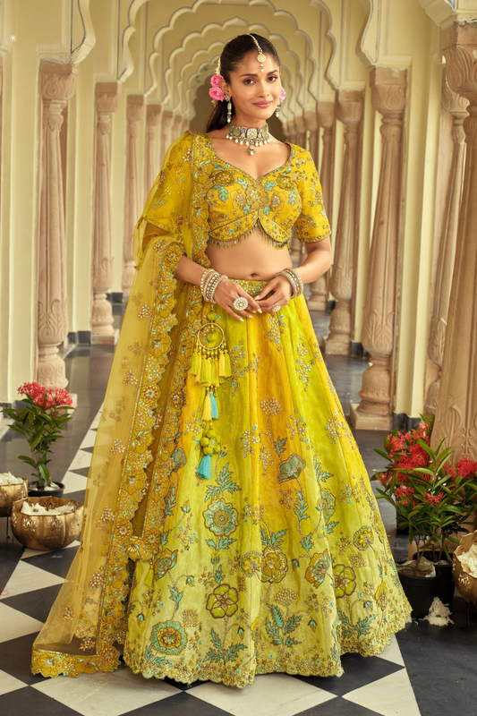 Lime Green and Lemon Yellow Shaded Silk Lehenga with Floral Embroidery