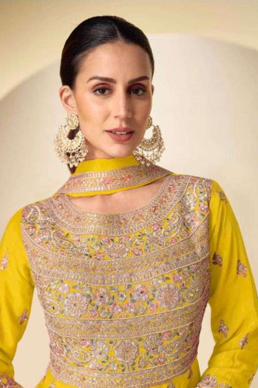 Yellow Chinnon Silk Embroidered Anarkali Suit with Dupatta – Festive & Wedding Wear | LaVante Fashion