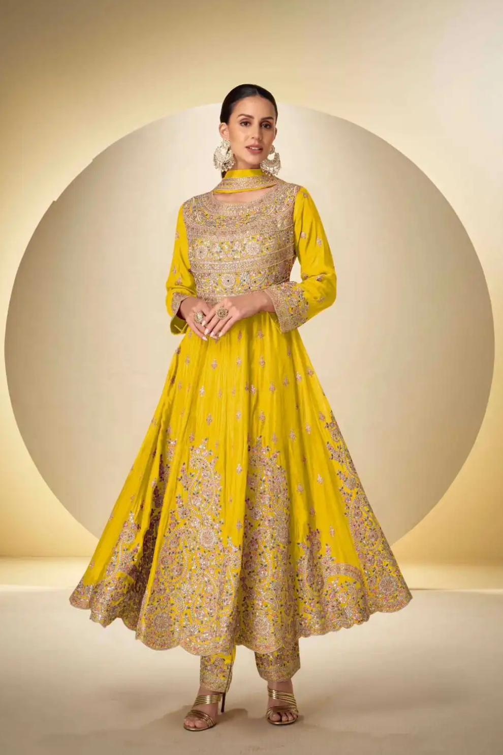 Yellow Chinnon Silk Embroidered Anarkali Suit with Dupatta – Festive & Wedding Wear | LaVante Fashion