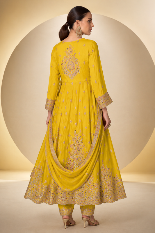 Yellow Chinnon Silk Embroidered Anarkali Suit for Festive & Wedding Wear