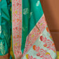Teal Green Silk Saree with Floral Zari Border and Silver Buti Design