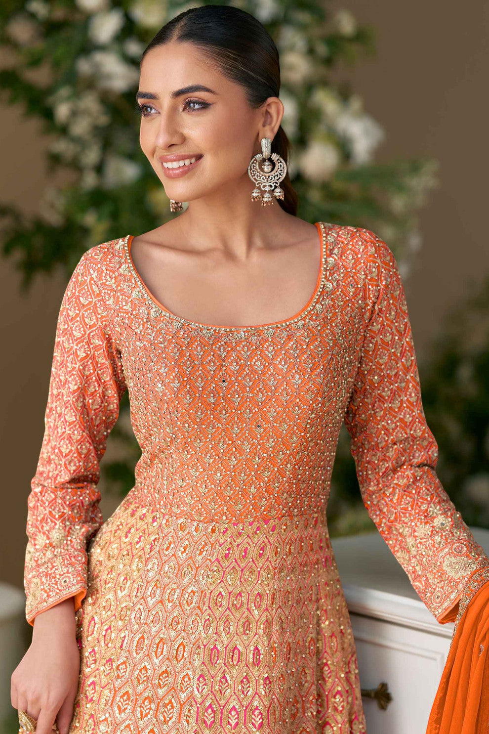 LaVante Fashion orange georgette Anarkali suit with intricate zari and sequin embroidery, scoop neck, and full sleeves, ideal for festive wear.