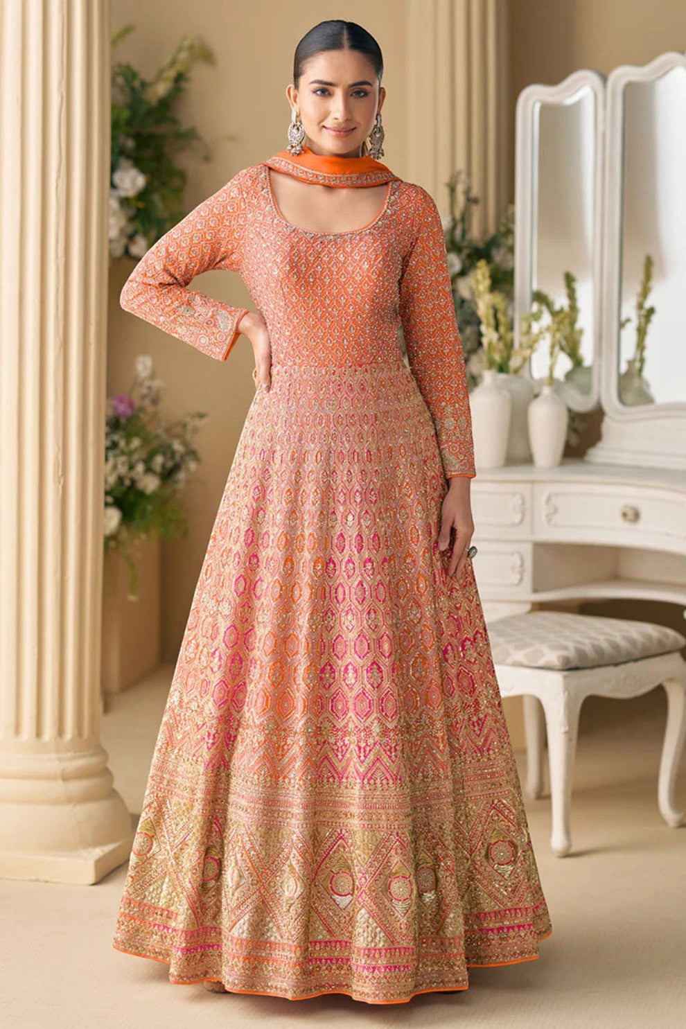 LaVante Fashion orange georgette Anarkali suit with intricate zari and sequin embroidery, perfect for weddings and festivals.