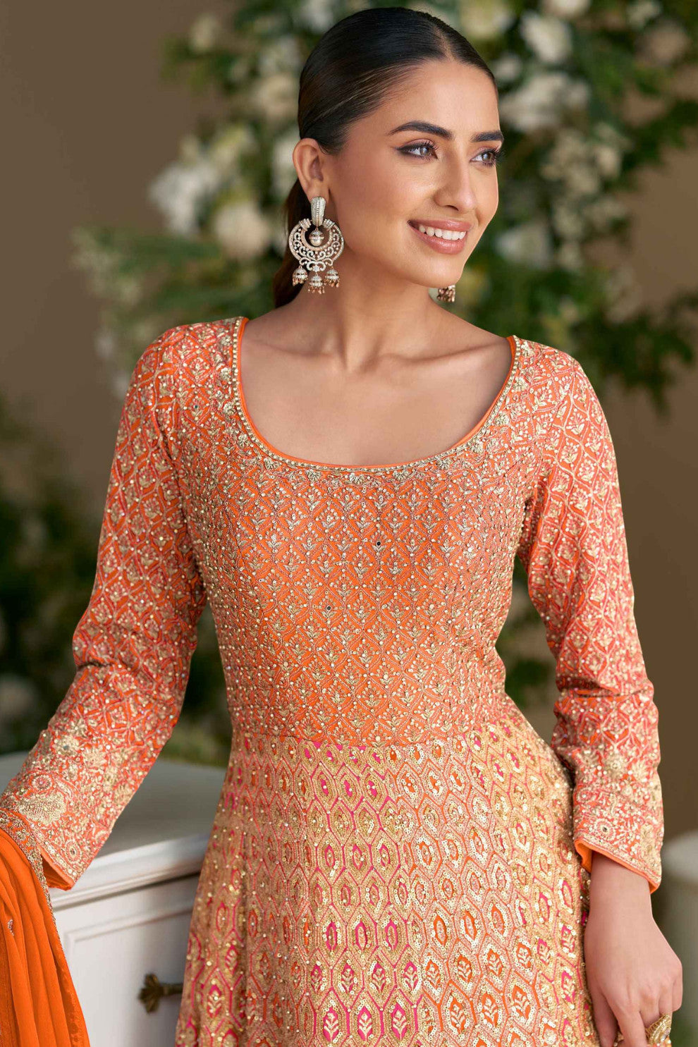 LaVante Fashion orange georgette Anarkali suit with intricate zari and sequin embroidery, perfect for weddings and festivals.