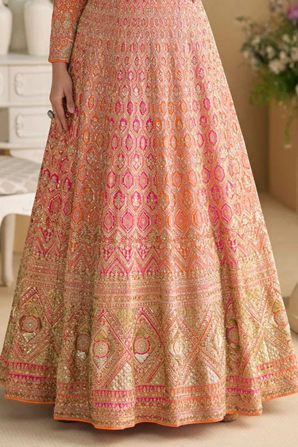 LaVante Fashion orange georgette Anarkali suit with intricate zari and sequin embroidery, perfect for weddings and festive wear.