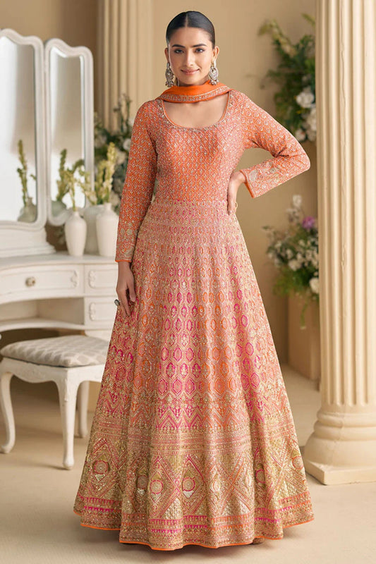 LaVante Fashion orange georgette Anarkali suit with intricate zari and sequin embroidery, flowing silhouette, ideal for weddings and festivals.