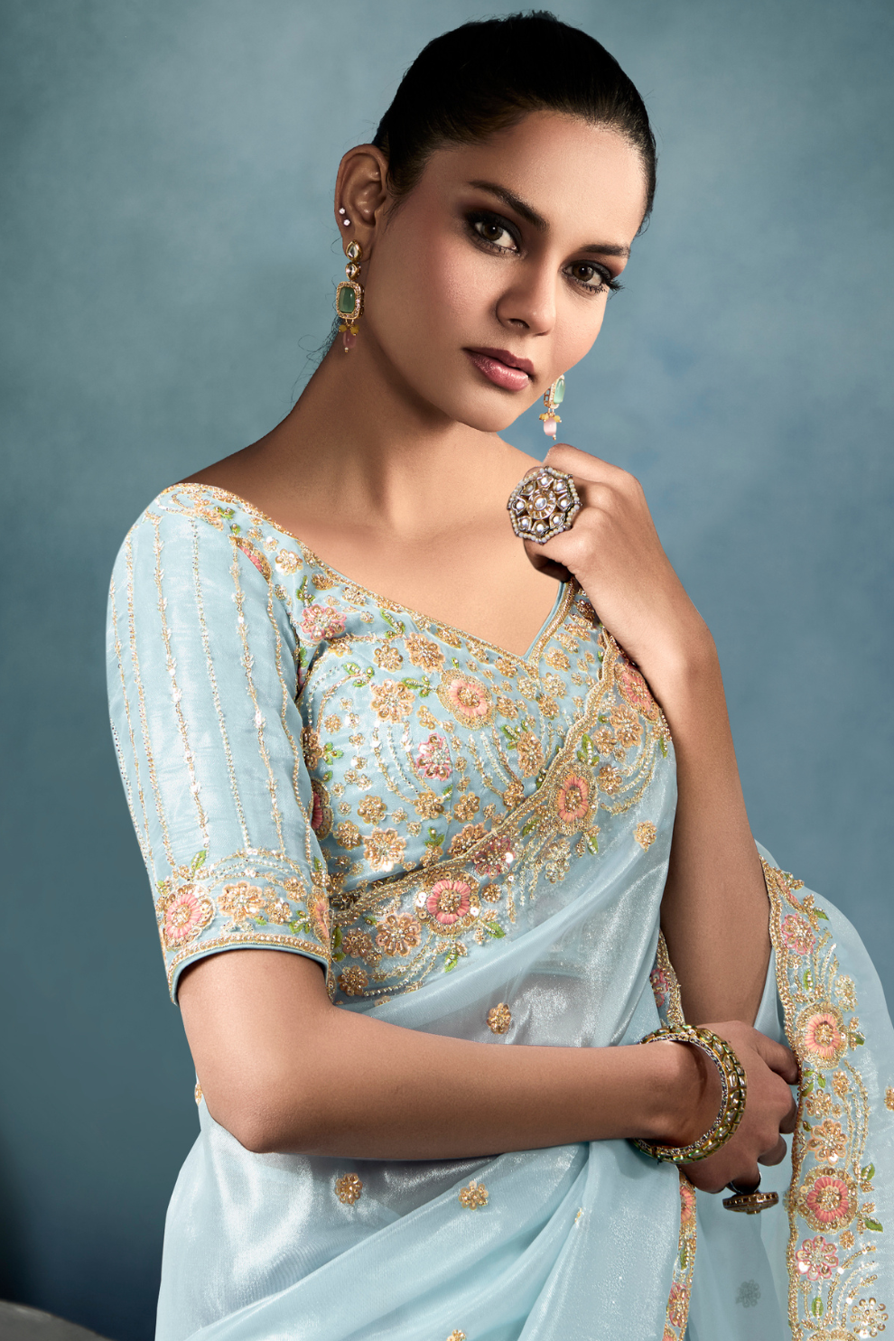 Tissue Saree with Handwork Detailing and Designer Cut Work Border