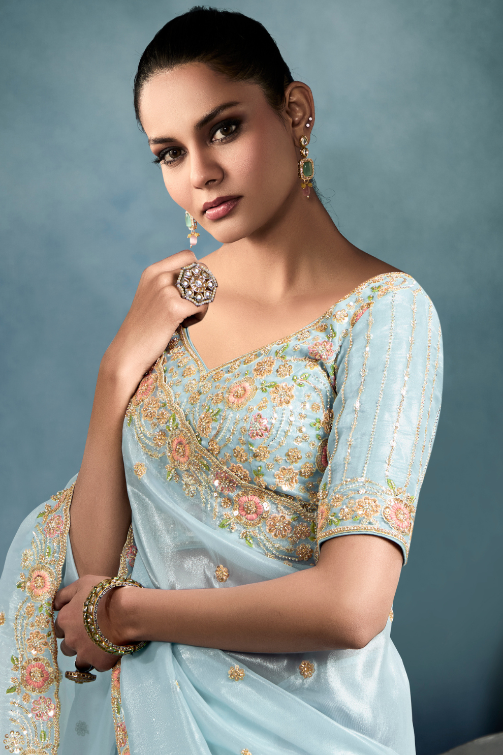 Tissue Saree with Handwork Detailing and Designer Cut Work Border