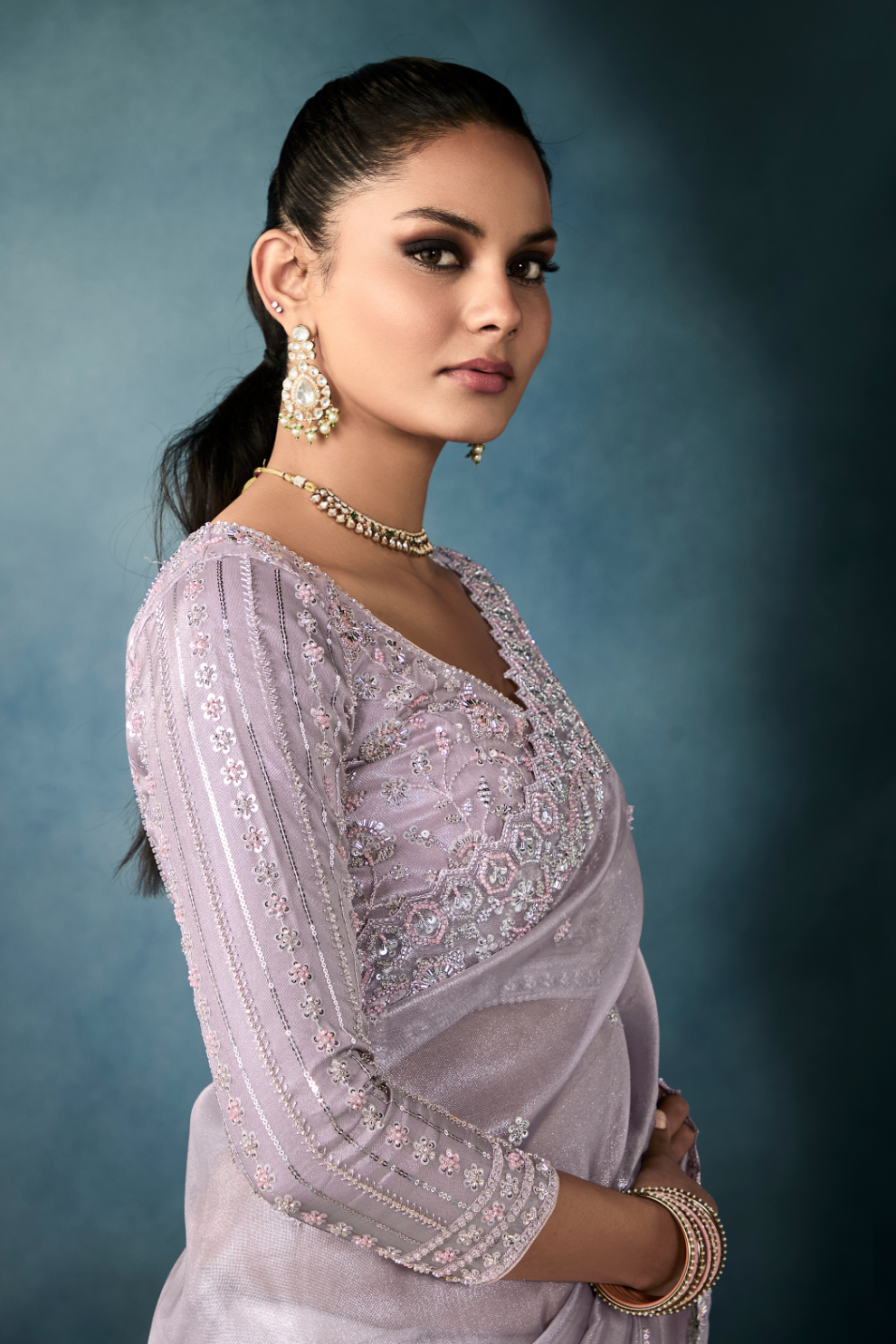Tissue Saree with Handwork Detailing and Designer Cut Work Border