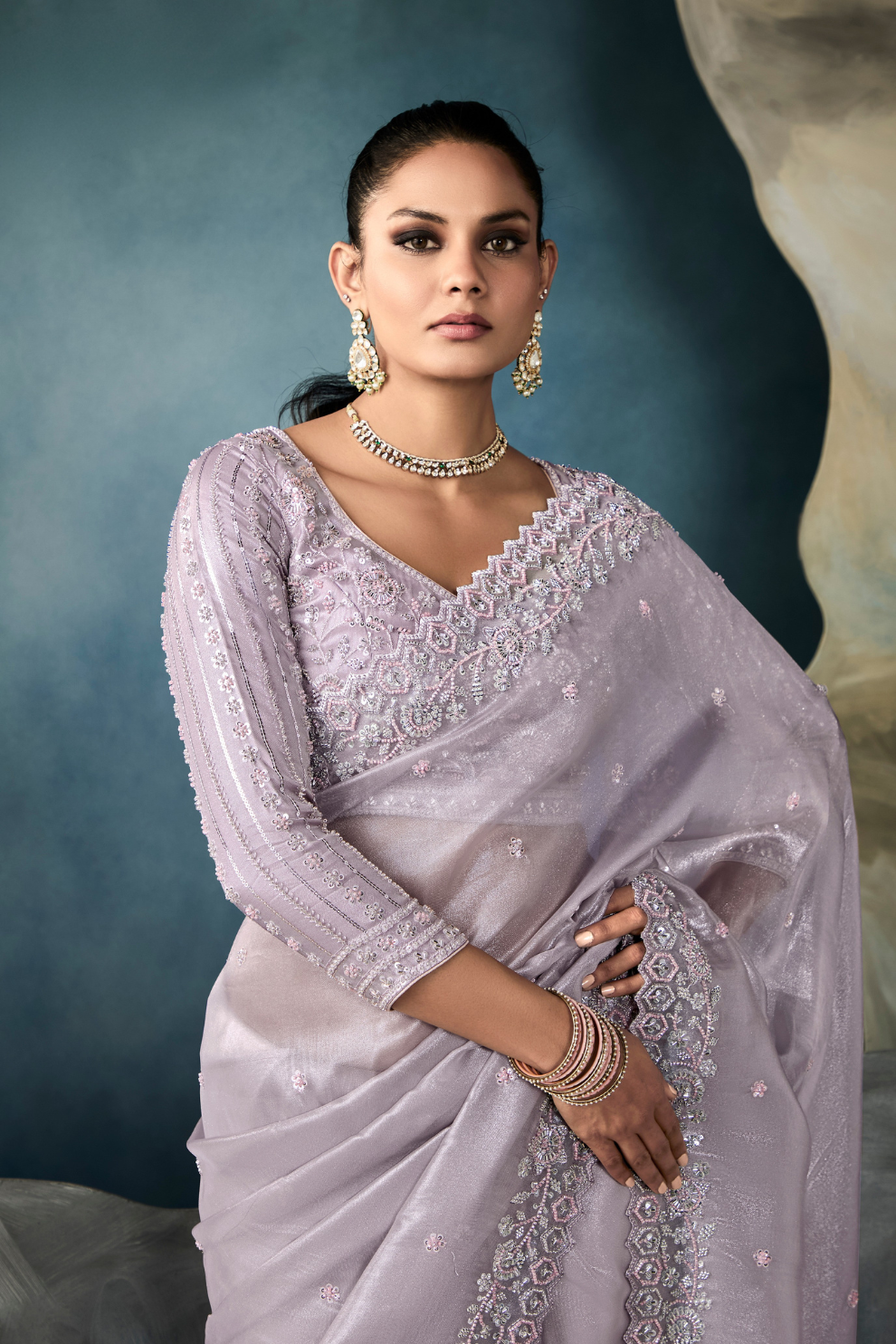 Tissue Saree with Handwork Detailing and Designer Cut Work Border