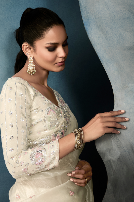 Tissue Saree with Handwork Detailing and Designer Cut Work Border