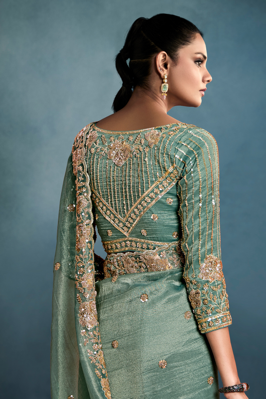 Tissue Saree with Handwork Detailing and Designer Cut Work Border