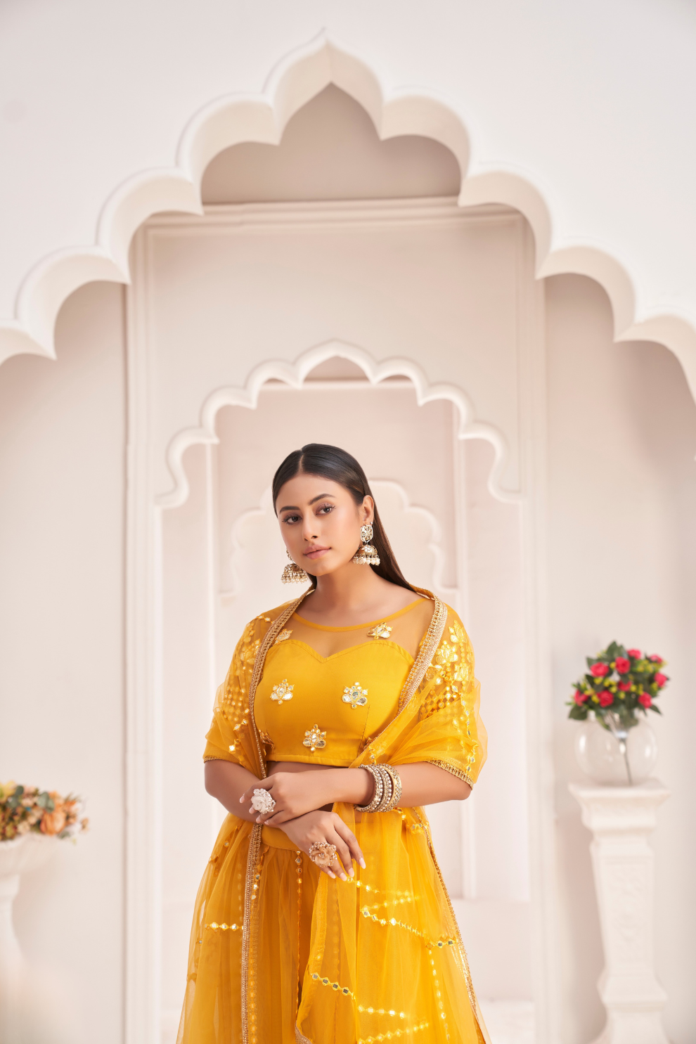 Elegant Net Lehenga Choli with Intricate Thread Embroidery