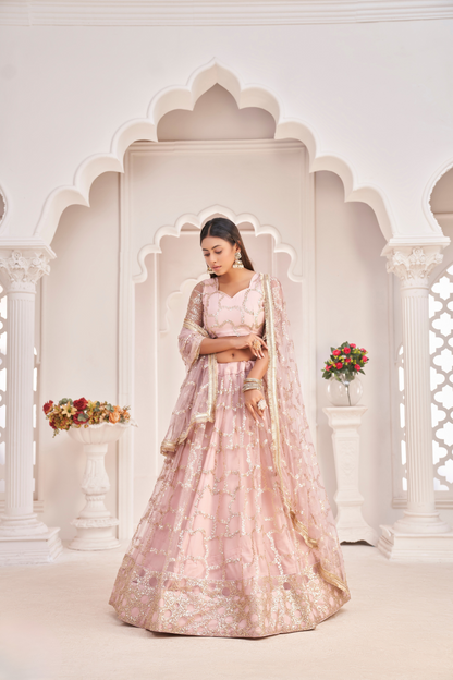 Elegant Net Lehenga Choli with Intricate Thread Embroidery