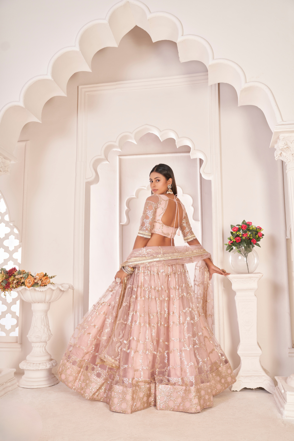 Elegant Net Lehenga Choli with Intricate Thread Embroidery