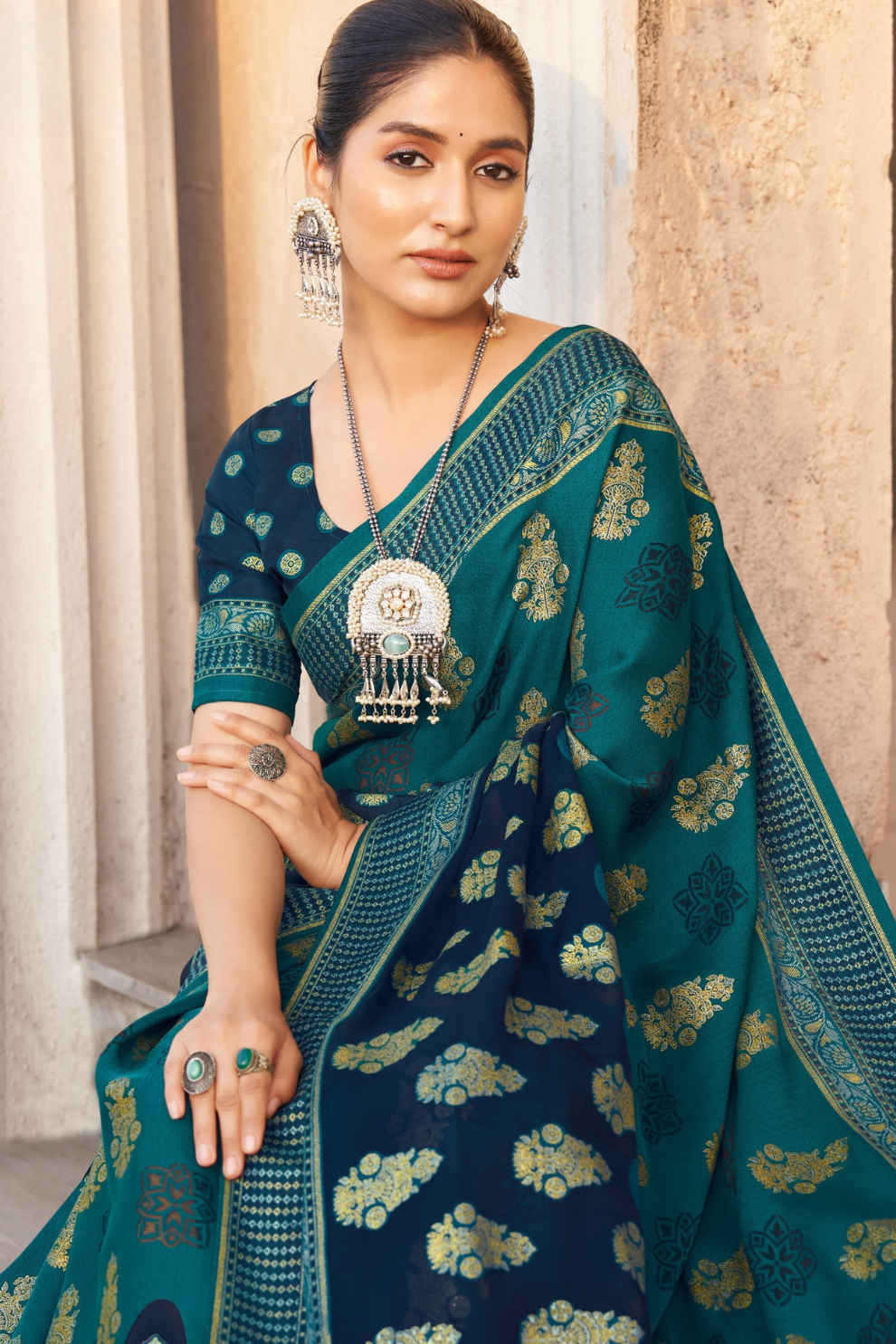 Polyester Viscose Georgette Saree With Luxuriously Soft Varnish Touch