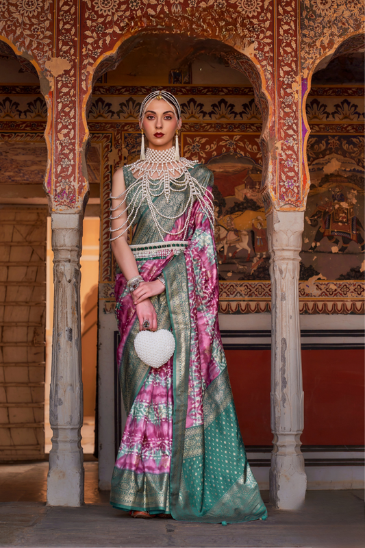 Designer Mercerized Silk Saree with Ajrakh-Batik Fusion and Golden Print