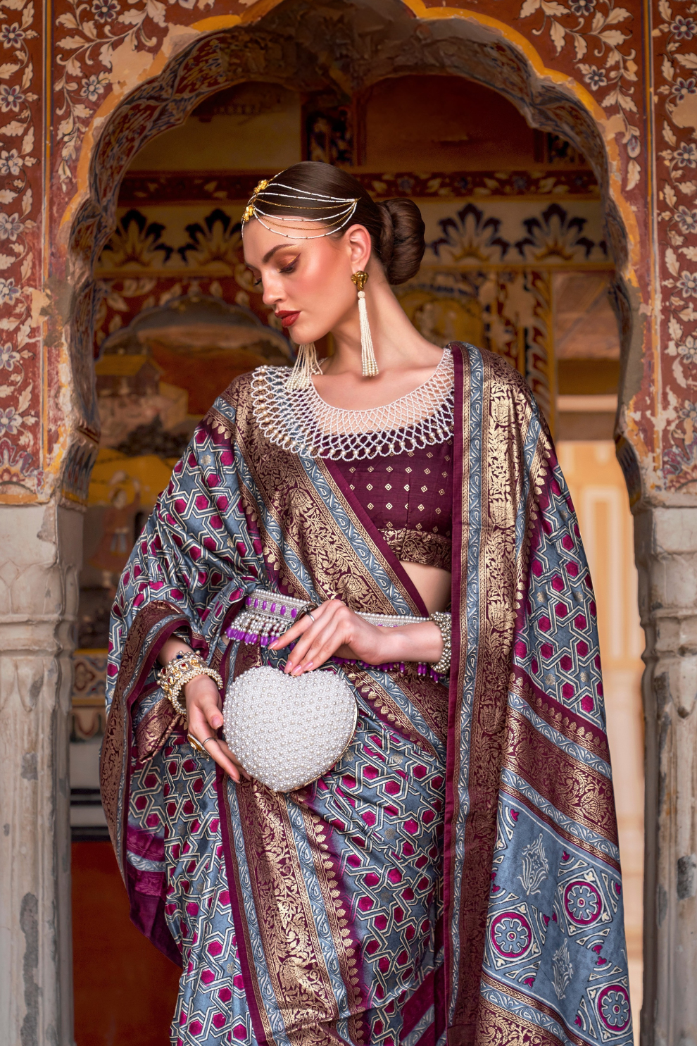 Designer Mercerized Silk Saree with Ajrakh-Batik Fusion and Golden Print