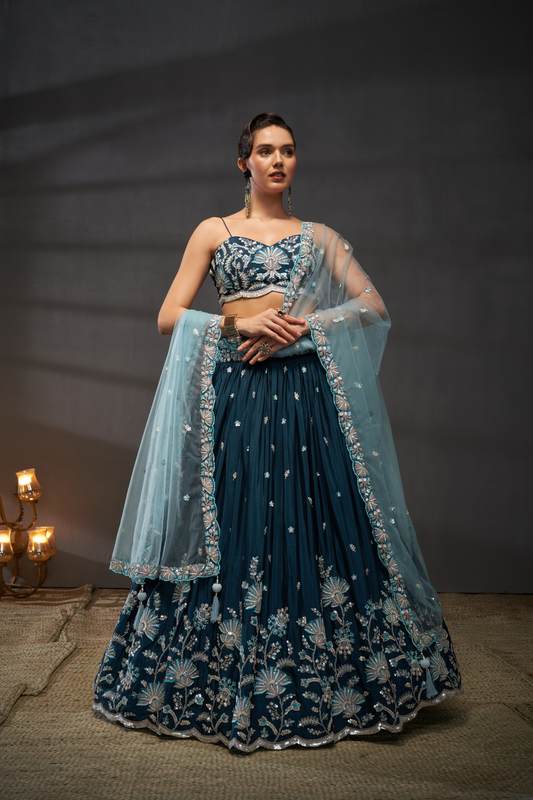 Pure Chiffon Sequins Embroidery Lehenga Choli Dupatta