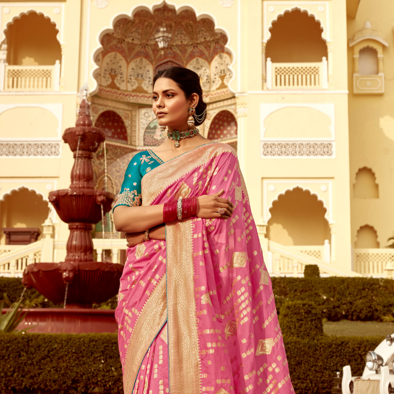Banarasi Silk Saree with Elegant Contrast Blouse Design