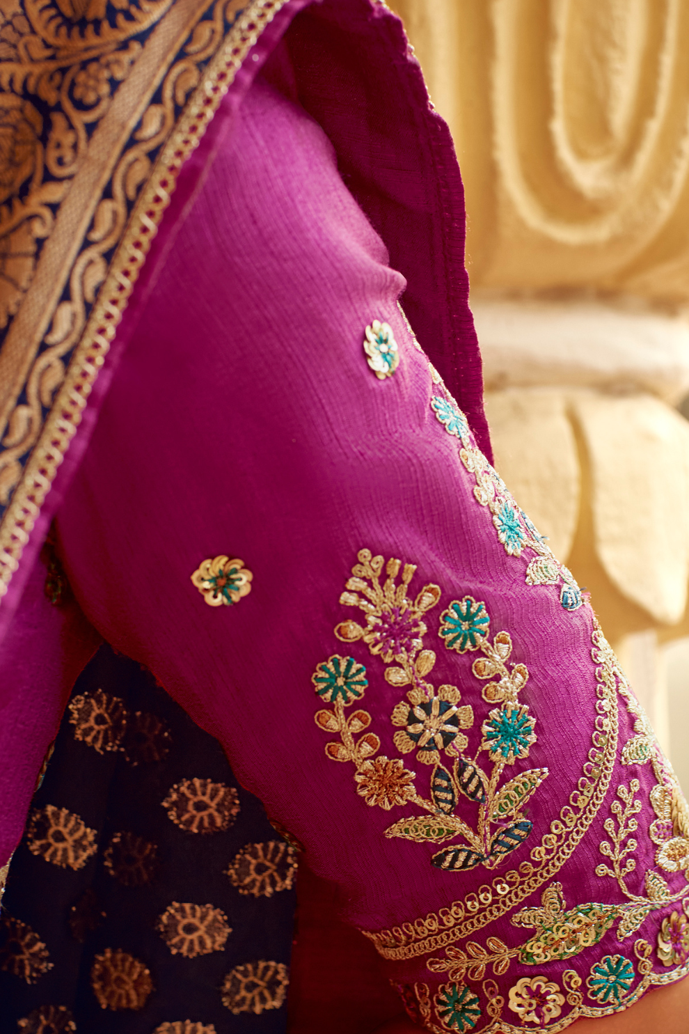 Banarasi Silk Saree with Elegant Contrast Blouse Design