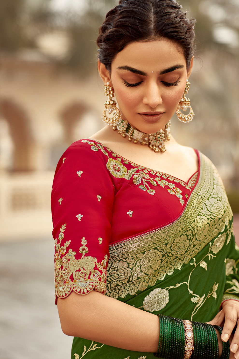 Banarasi Silk Saree with Elegant Contrast Blouse Design