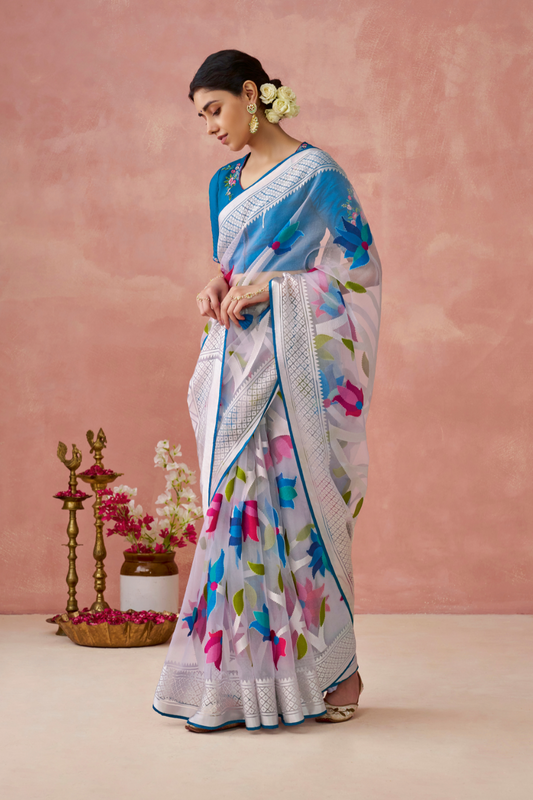 Brasso Teal Printed Saree for Elegant Festive Wear