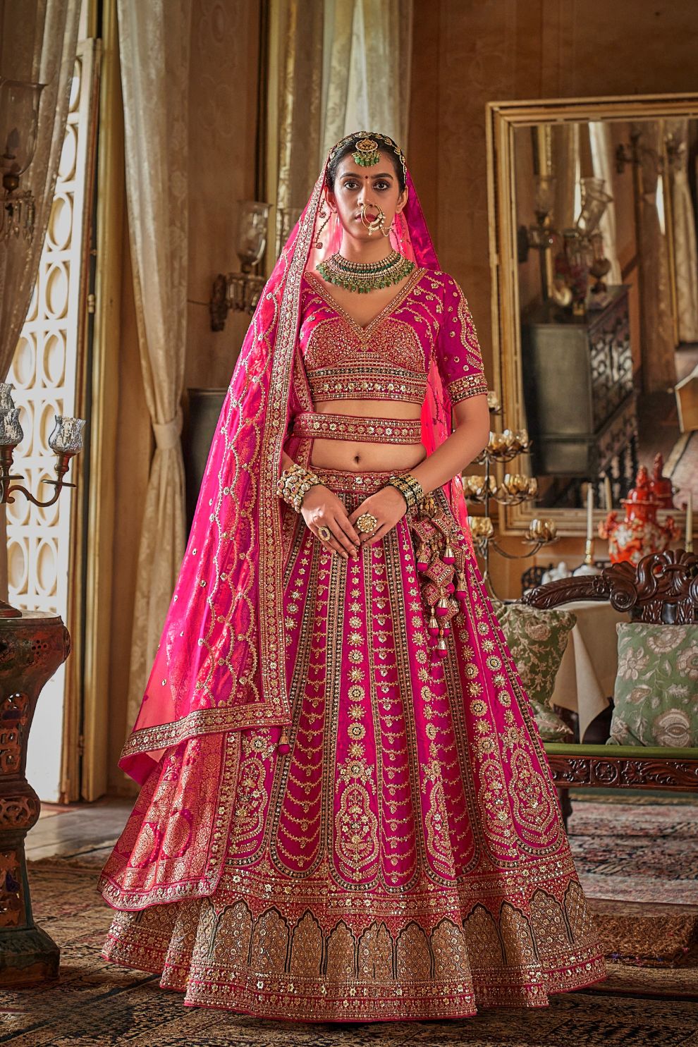 Rani Pink Silk Bridal Lehenga with Embroidered Belt Zardozi Florals