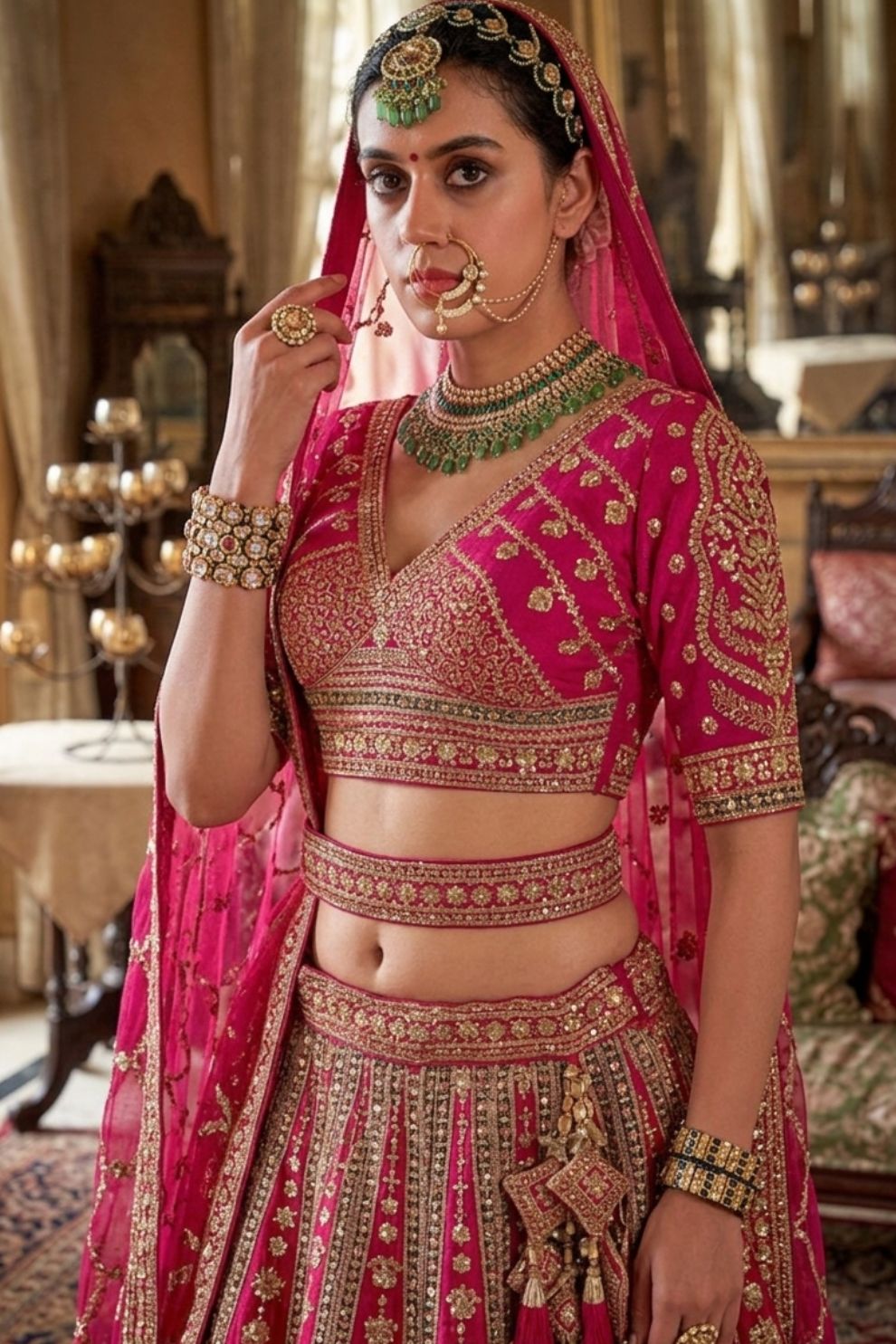 Rani Pink Silk Bridal Lehenga with Embroidered Belt Zardozi Florals