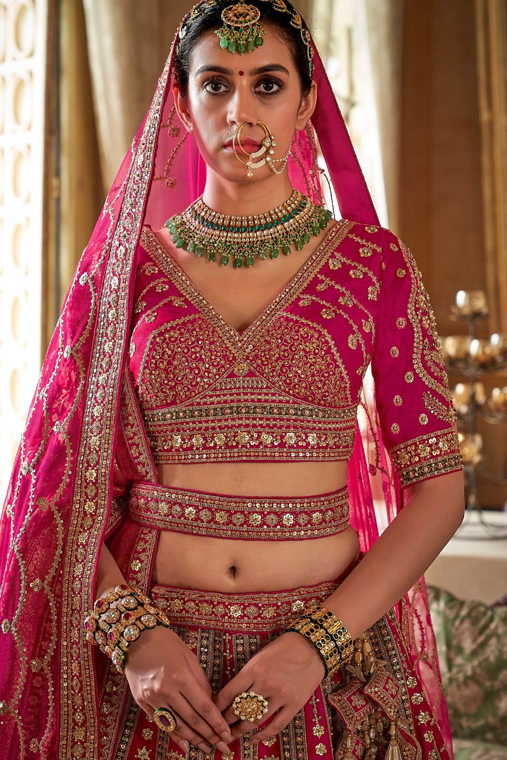 Rani Pink Silk Bridal Lehenga with Embroidered Belt Zardozi Florals