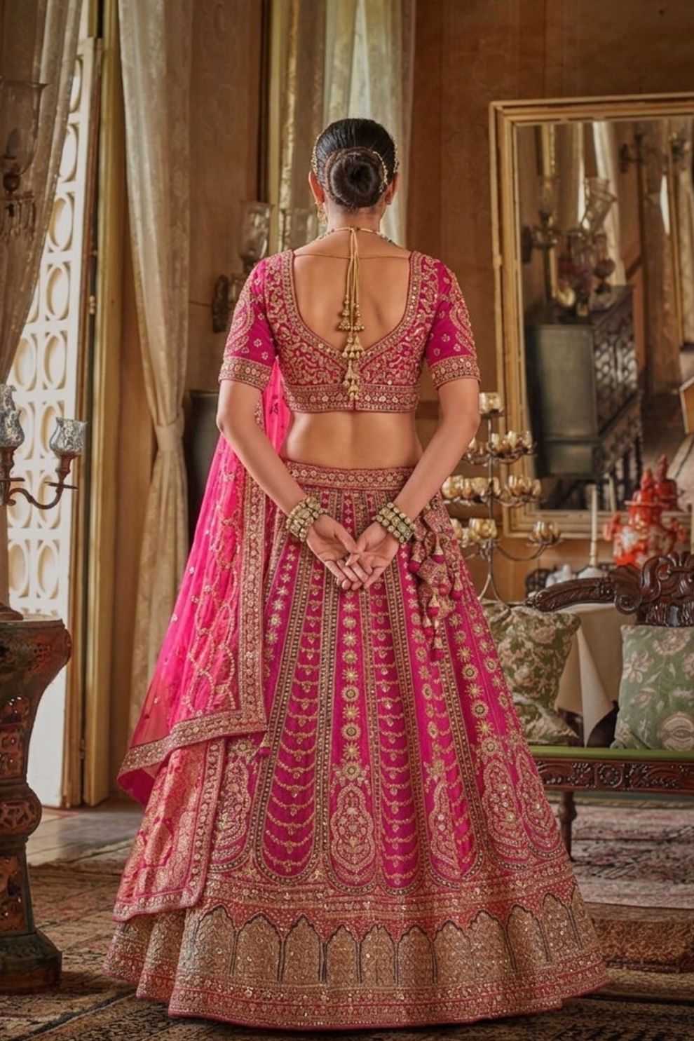Rani Pink Silk Bridal Lehenga with Embroidered Belt Zardozi Florals