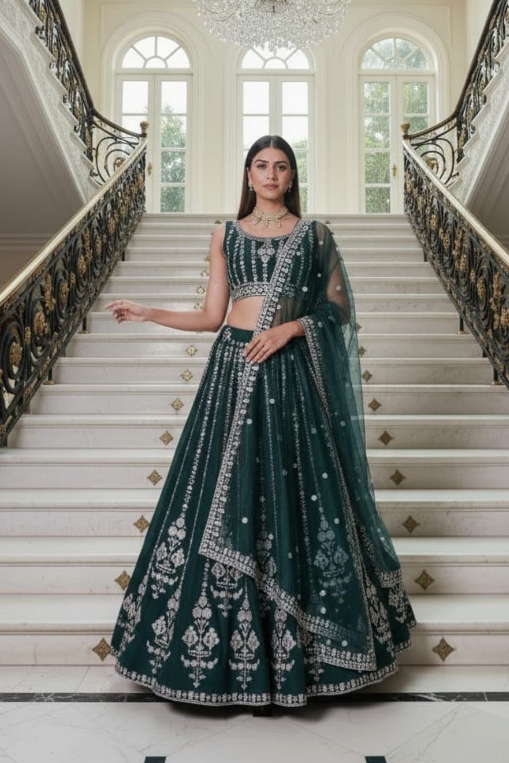 Bottle Green Georgette Lehenga Choli with Intricate Dori, Sequins, and Zari Embroidery