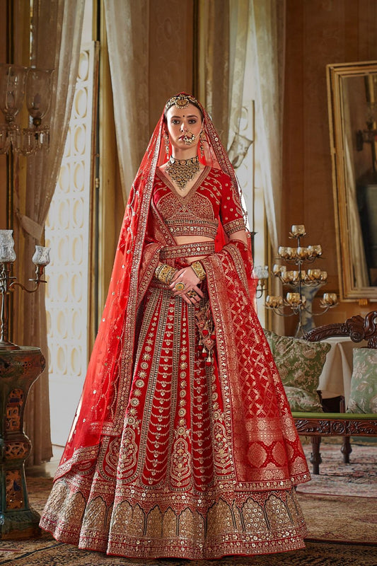 Heritage Red Silk Bridal Lehenga Heavy Zari Stone Embroidery Elegant