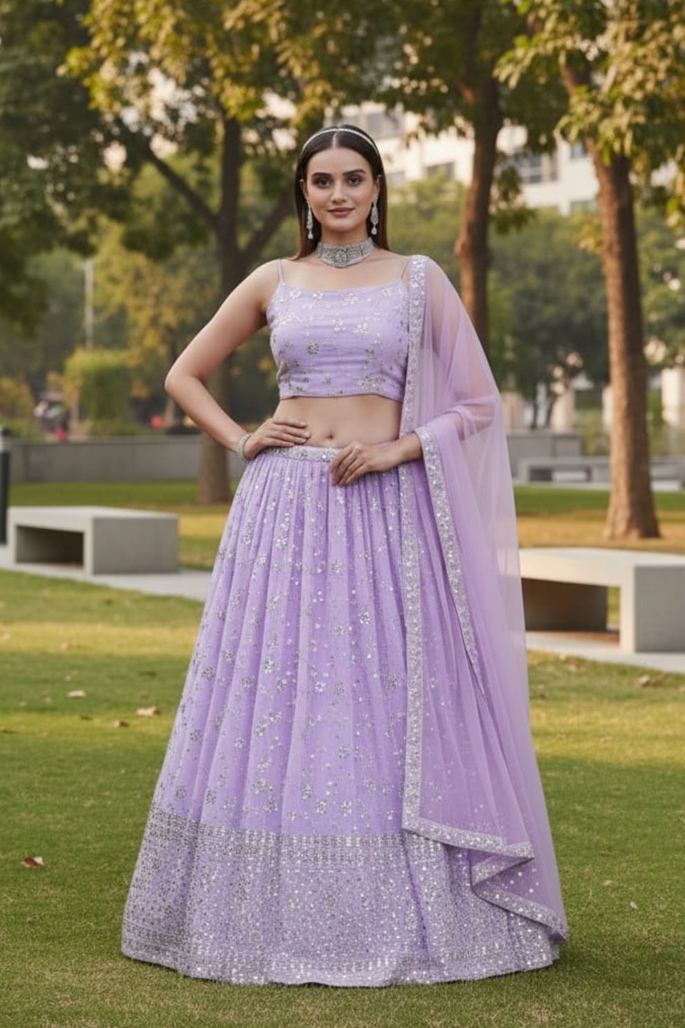Lavender Georgette Thread and Sequins Embroidered Lehenga Choli