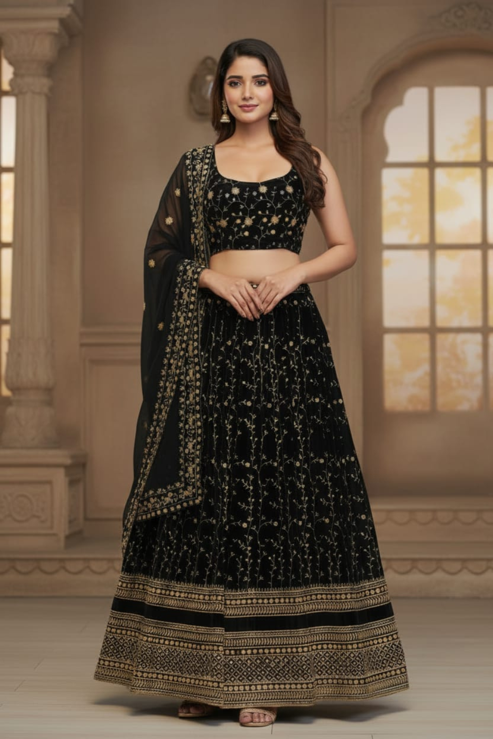 Black Zari Embroidered Flared Lehenga Choli with Floral Design