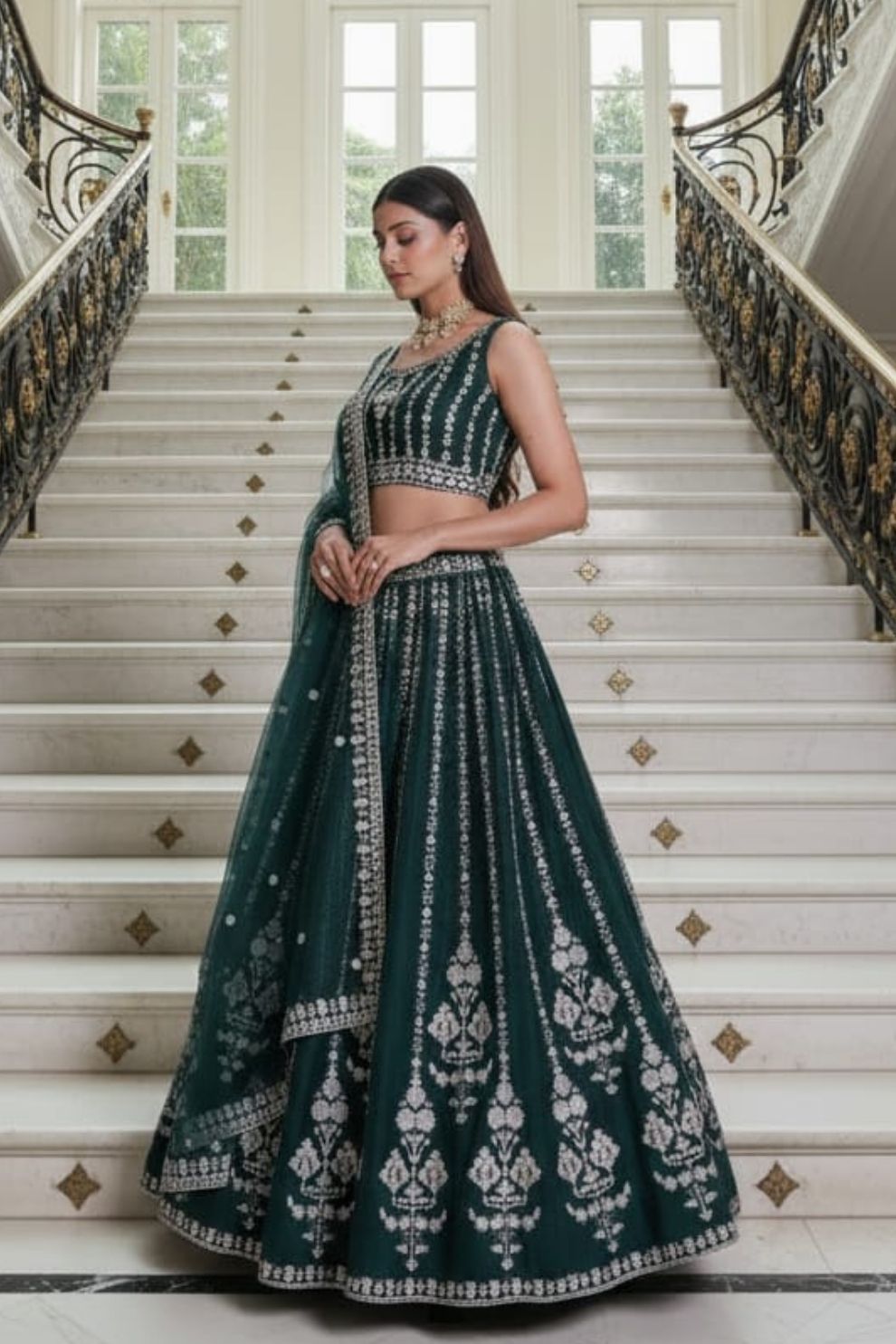 Bottle Green Georgette Lehenga Choli with Intricate Dori, Sequins, and Zari Embroidery